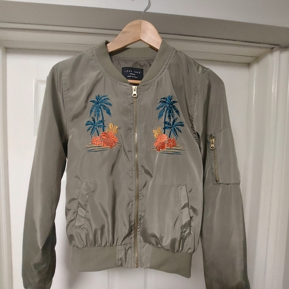 Love Tree Olive Embroidered Bomber Jacket - Picture 1 of 3